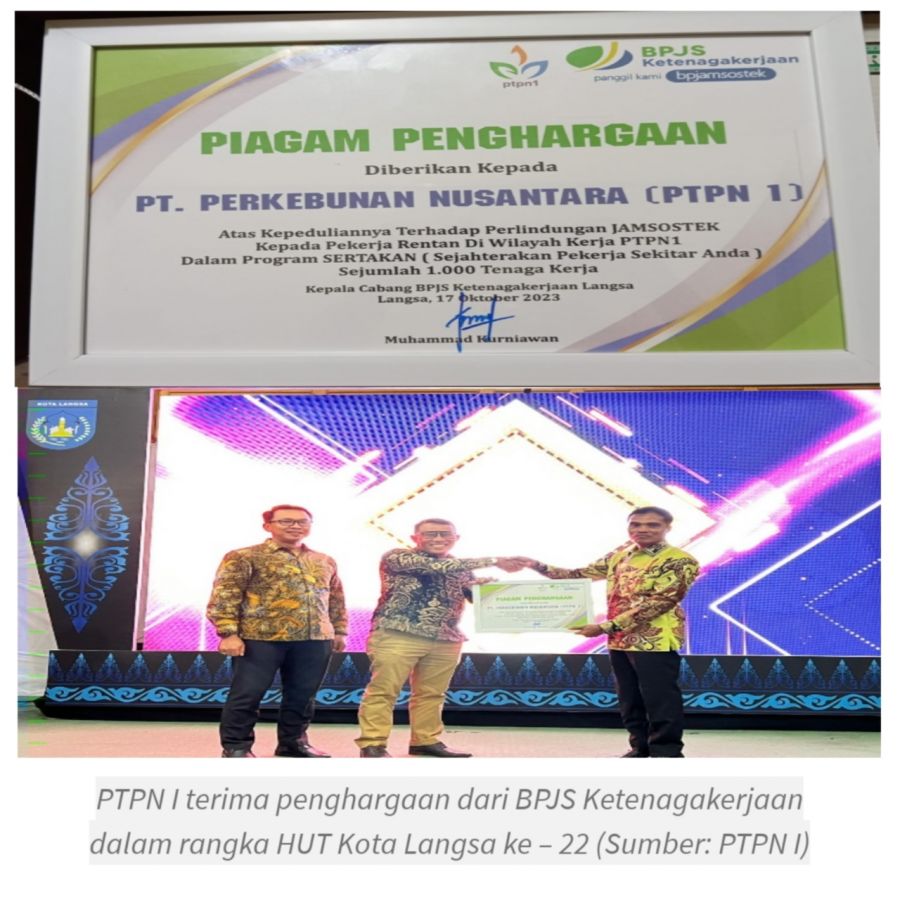 Malam Resepsi HUT Ke - 22 Kota Langsa, PTPN I Terima Penghargaan Dari BPJS Ketenagakerjaan