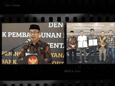 Bupati Madiun Saksikan Penandatanganan MoU Antara Bank Jatim Caruban Bersama PT KAI Madiun